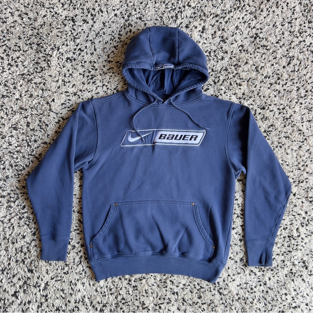 Vintage Nike Bauer Hockey Center Swoosh Hoodie Navy Blue 90s Men’s Small